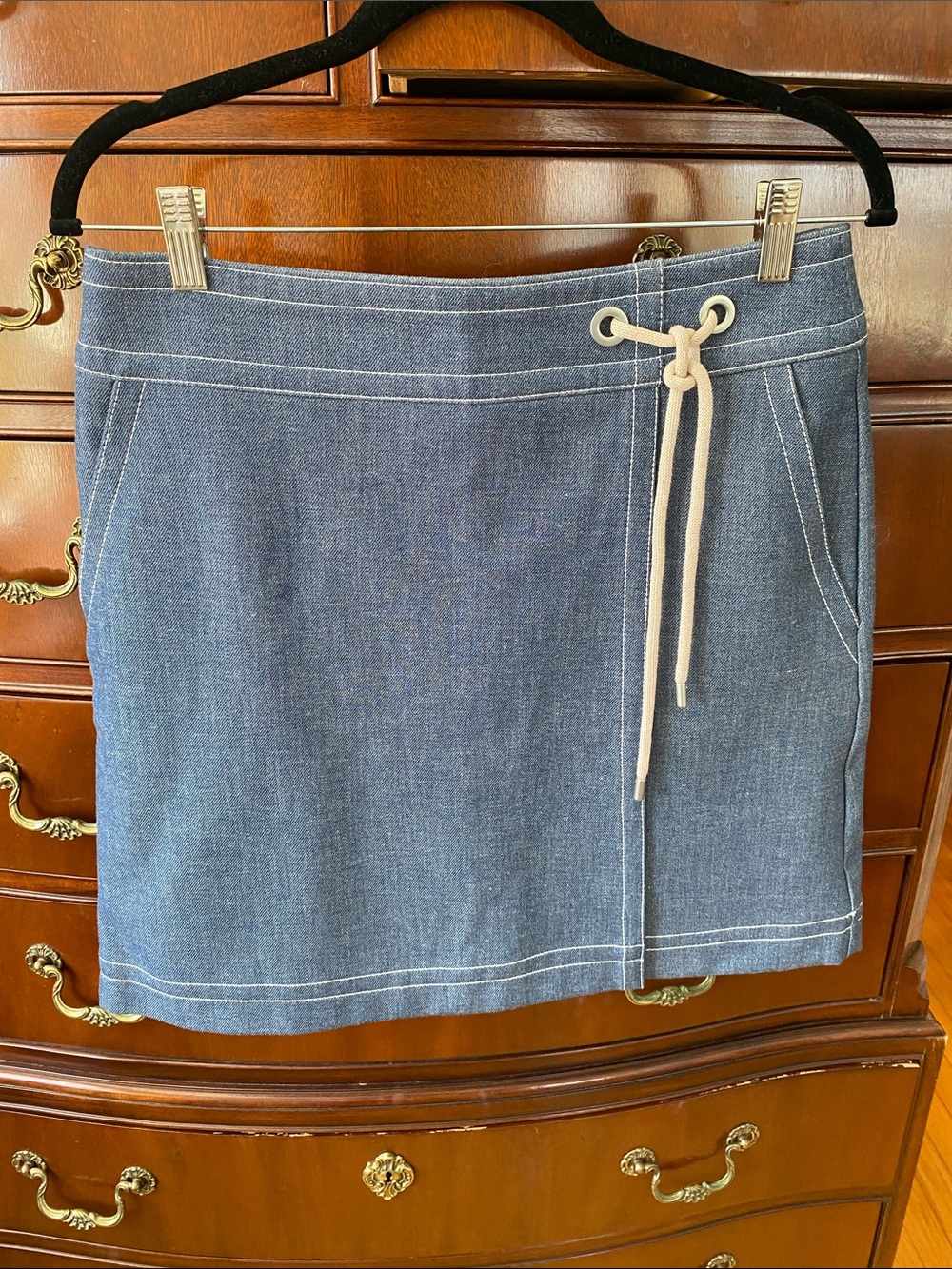 Ann Taylor Blue Denim-Style Faux Wrap Mini Skirt with Nautical tie detail.